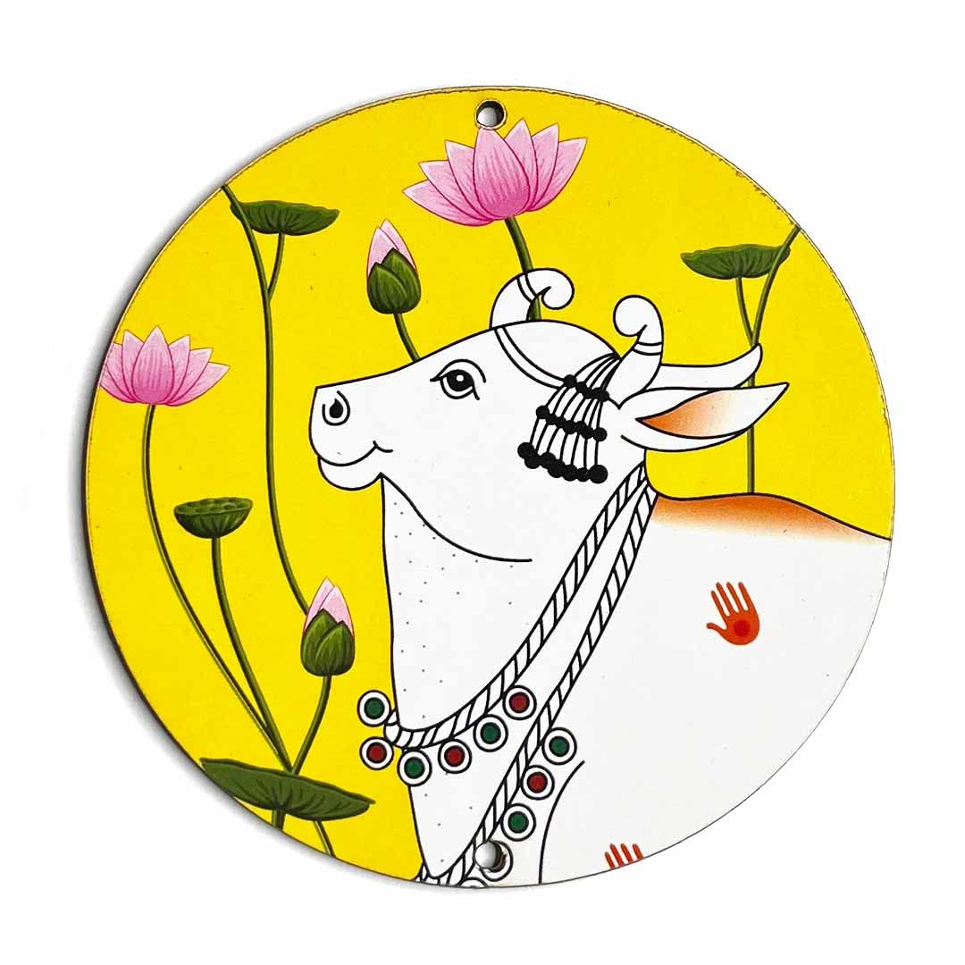 Craft Shop India Yellow Pichwai Cow MDF Right Left Face Base Round Shaped Cutout Design for Diwali | Dussehra | Rangoli | Pooja | Festival Gift | Wedding Decorations Set of 18 1