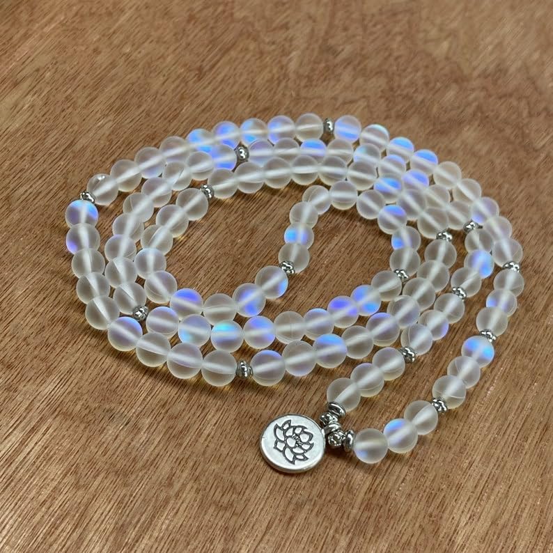 Naturalny kamień księżycowy 8 mm 108 koralików mala, duchowe, koraliki do medytacji, Reiki, Japa Mala, buddyjskie koraliki modlitewne, bransoletka do jogi, koraliki lecznicze