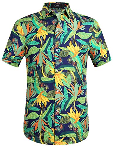 SSLR Men's Print Button Down Casual Short Sleeve Tropical Hawaiian Shirt (Medium, Dark Blue)