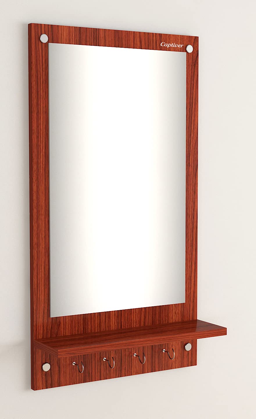 Captiver 4 Hook Engineered Wood Wall Hanging Mirrors with Storage Shelf Bedroom Living Room washbasin Toilet Furniture Antique Rectangle Home Fancy Items (Classic Walnut) 2