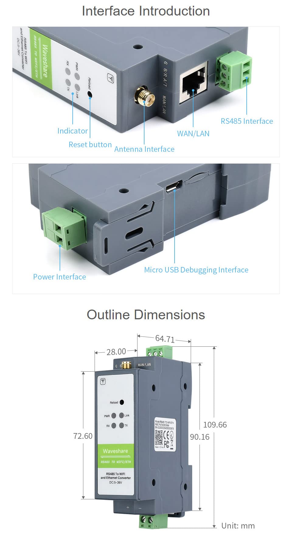 Waveshare RS485 to WiFi/Ethernet Module Rail-Mount Serial Server Modbus MQTT Gateway Supports Trasparente Transmission Mode