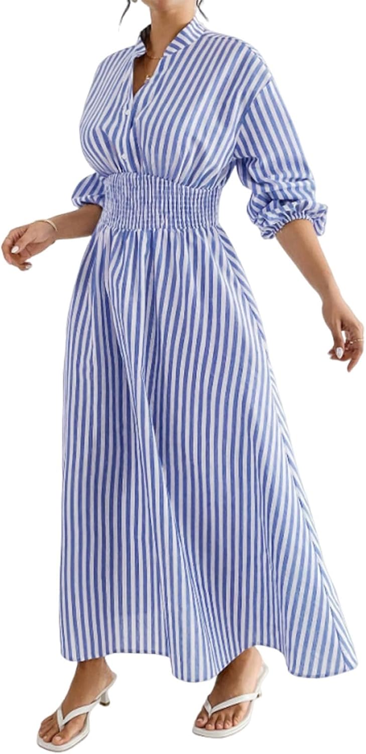 utcoco Women's Beach Boho Striped Smocked Waist Maxi Dress Long Sleeve A-Line Swing Long Dresses