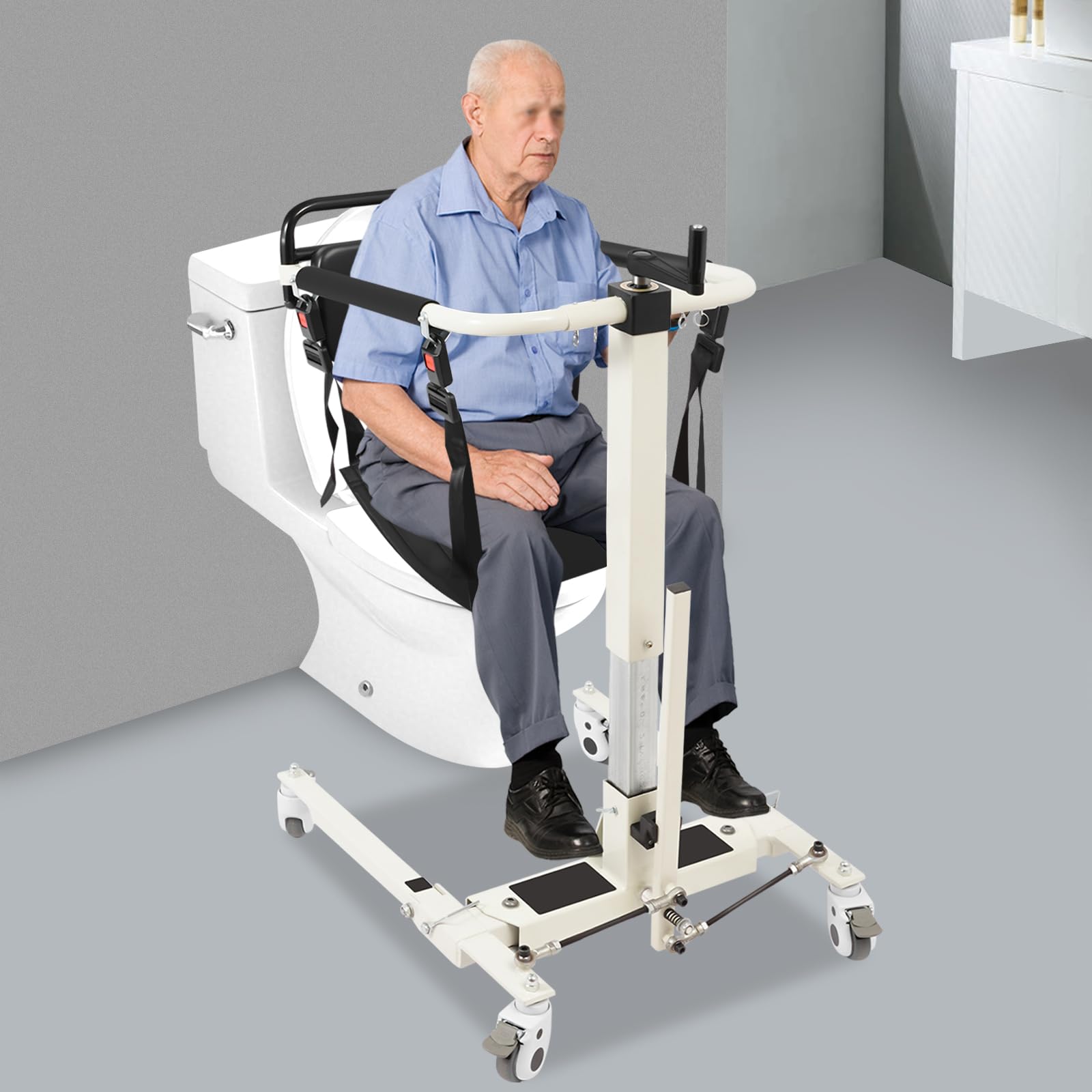 Silla de transferencia hidráulica para pacientes de 120 kg, altura ajustable, altura 60 – 95 cm, ancho 58-75 cm, 4 ruedas universales con frenos y 2 cojines de asiento, elevador de pacientes para