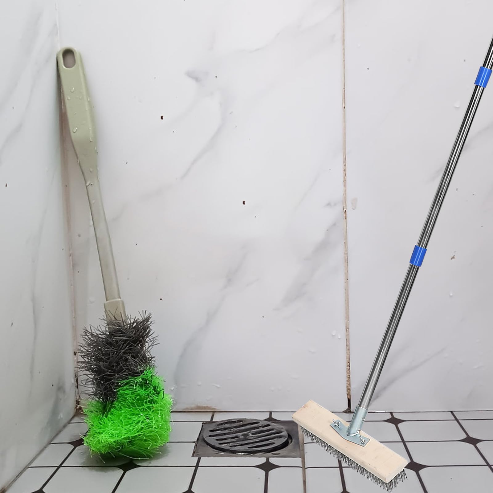 PLAFOPE Cepillo de Escoba de Alambre Resistente con cerdas de Acero Inoxidable y Mango Largo para Eliminar el Musgo. Escoba para Exteriores y Limpieza de Jardines.