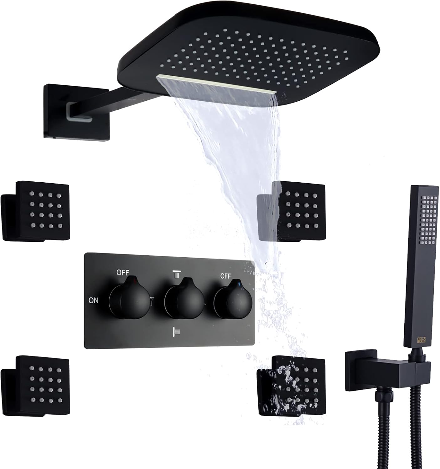 Matte Black Bath & Shower Faucets Hot And Cold Mixer System Wall Mounted 8 X 10 Inch Waterfall Rain Shower Head With Handheld Spray (Oil Rubbed Bronze)