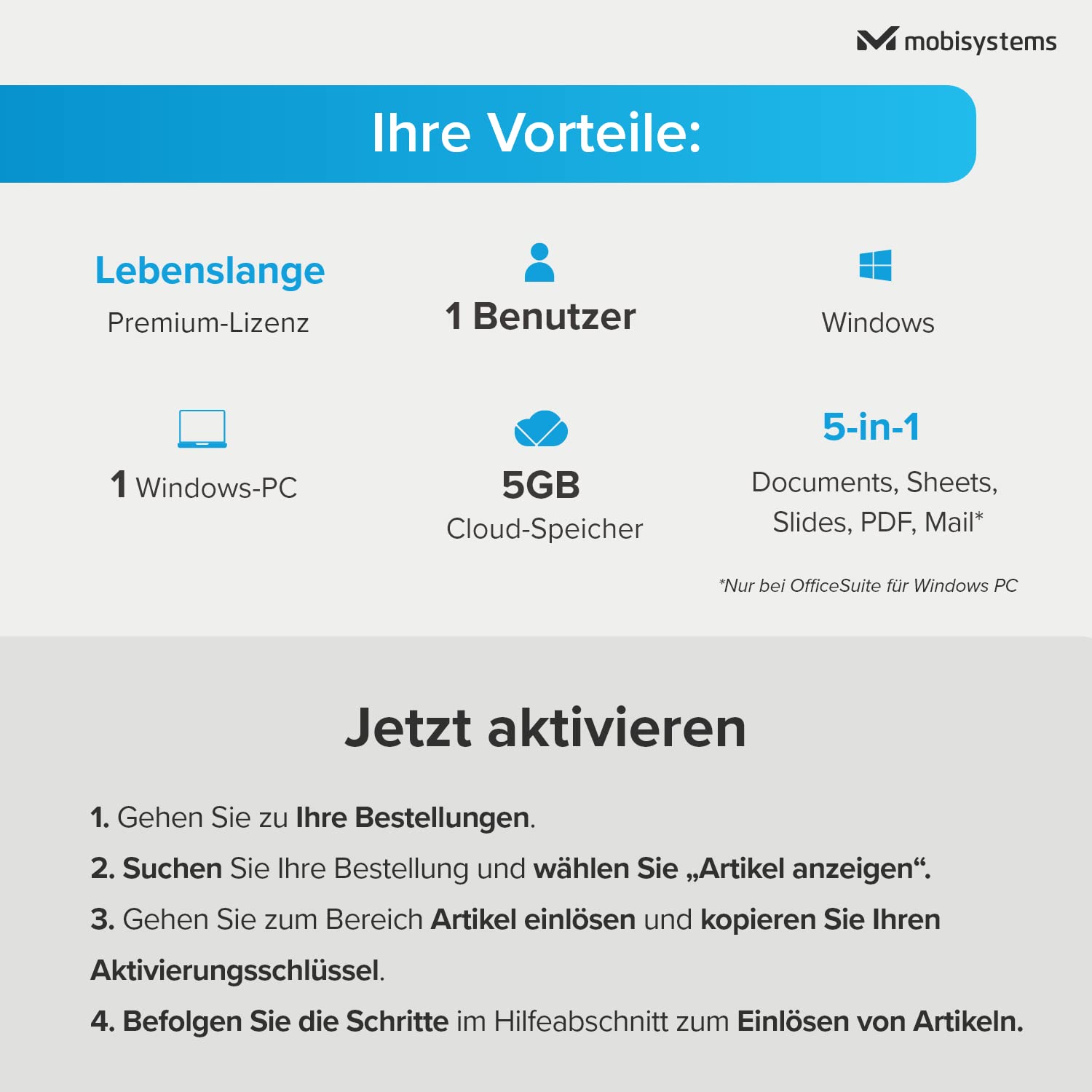OfficeSuite Home & Business | 5-in-1-Office-Paket | Dokumente, Tabellen, Präsentationen, PDF, E-Mail & Kalender | Lebenslange Lizenz | 1 Windows-PC | 1 Benutzer [Online-Code für PC]
