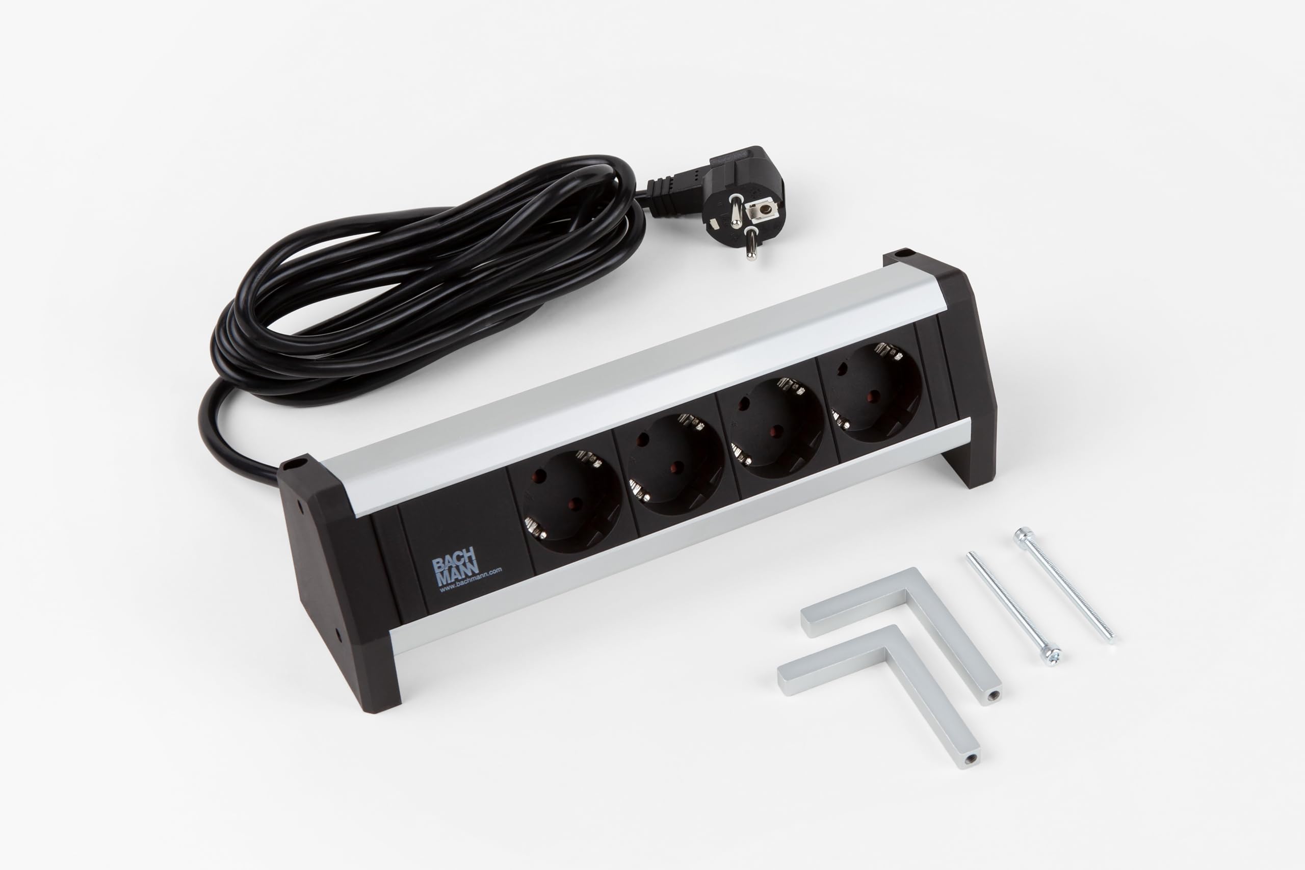 Bachmann Tischsteckdose Desk 4-Fach 3m Kabel Mehrfachsteckdose für Büro, Besprechungsraum und Wohnraum Aluminium 339.1000 (flexibel einsetzbar und mit Befestigung oder frei aufstellbar)