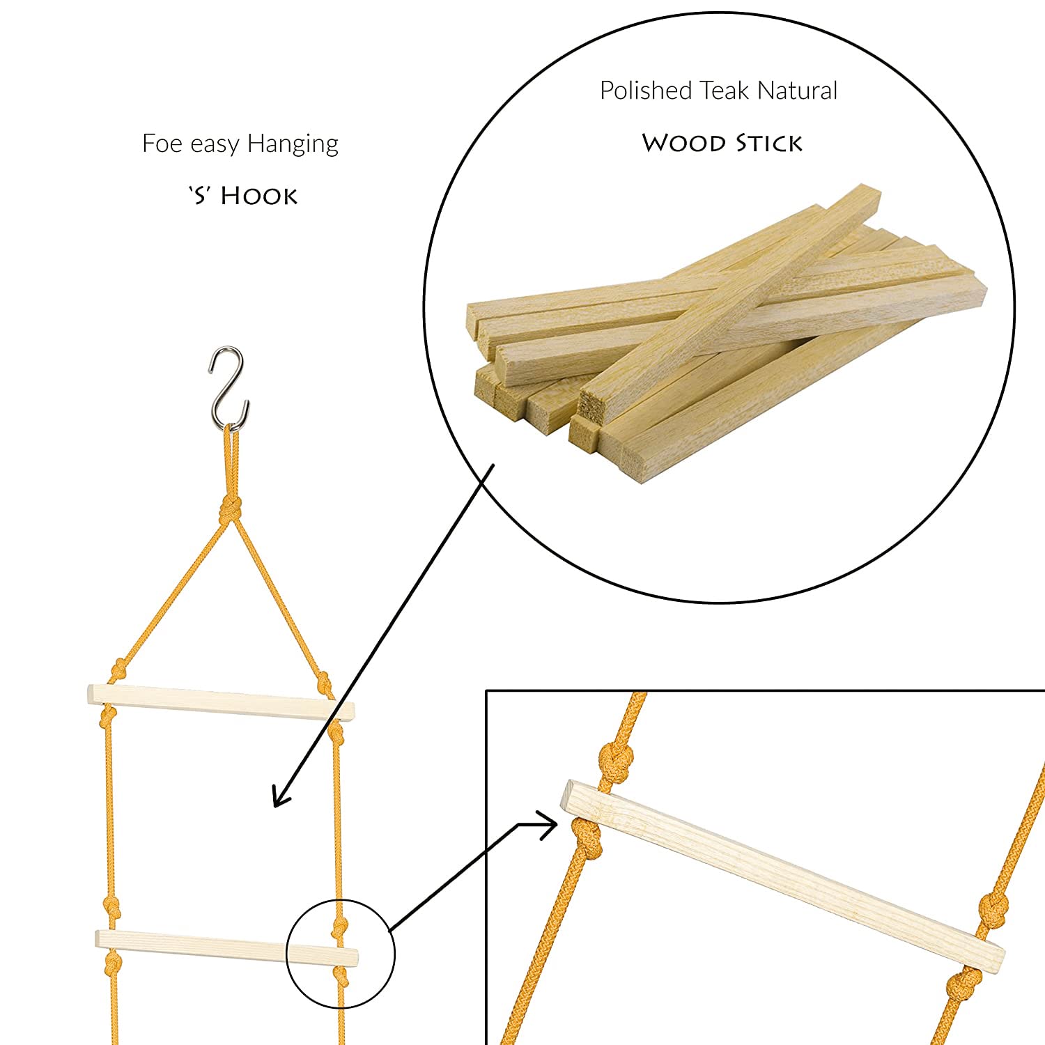 VIXERA Kids Rope Ladder | Wooden Climbing Ladder for Indoor Outdoor Play (Yellow) - Image 5 thumbnail