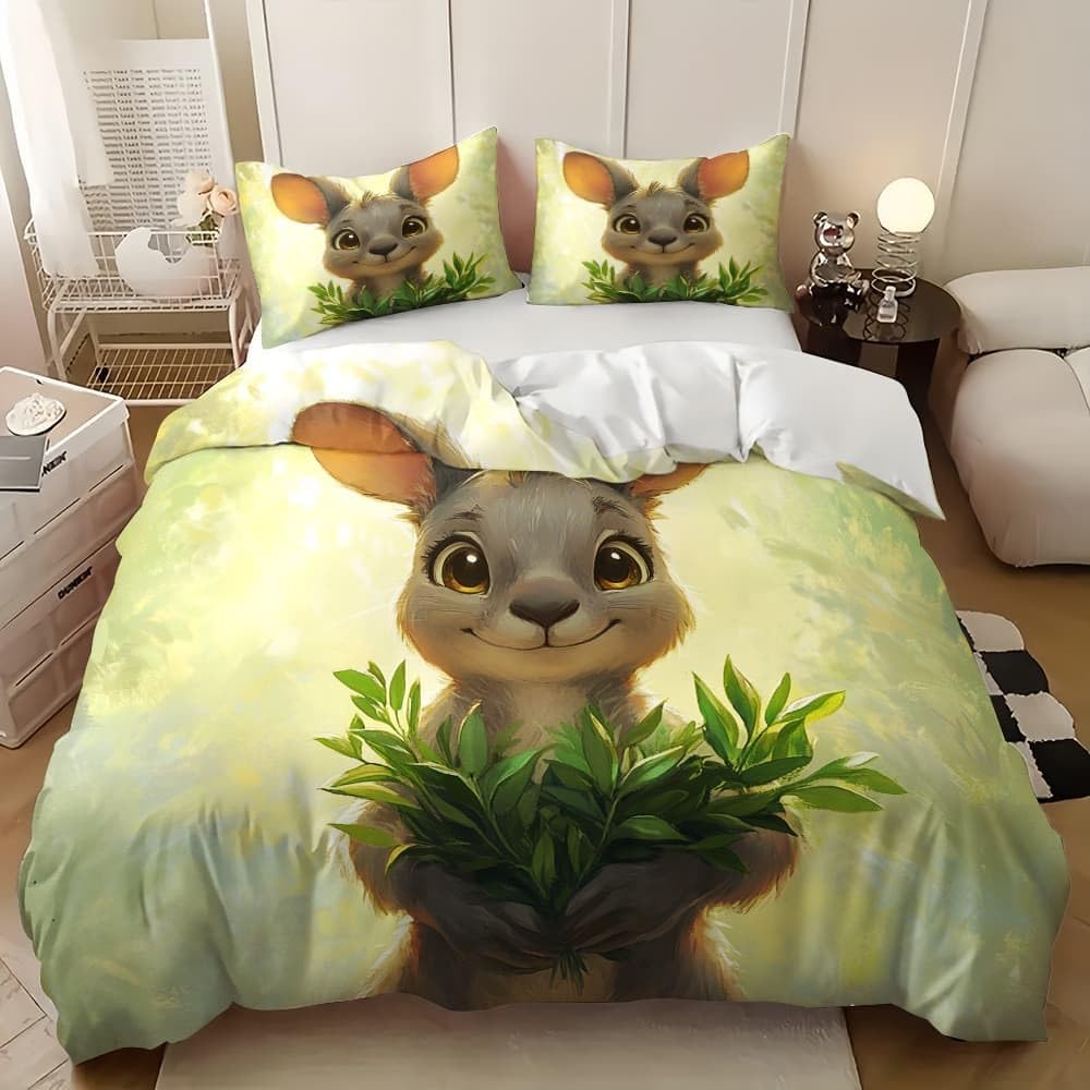 Motivo A Coniglio Infantile Copripiumino 2 Persona con Cerniera 240x220 cm Verde Set Biancheria da Letto in Microfibra, Lavabile in Lavatrice, per Bambini, Adolescenti e Adulti