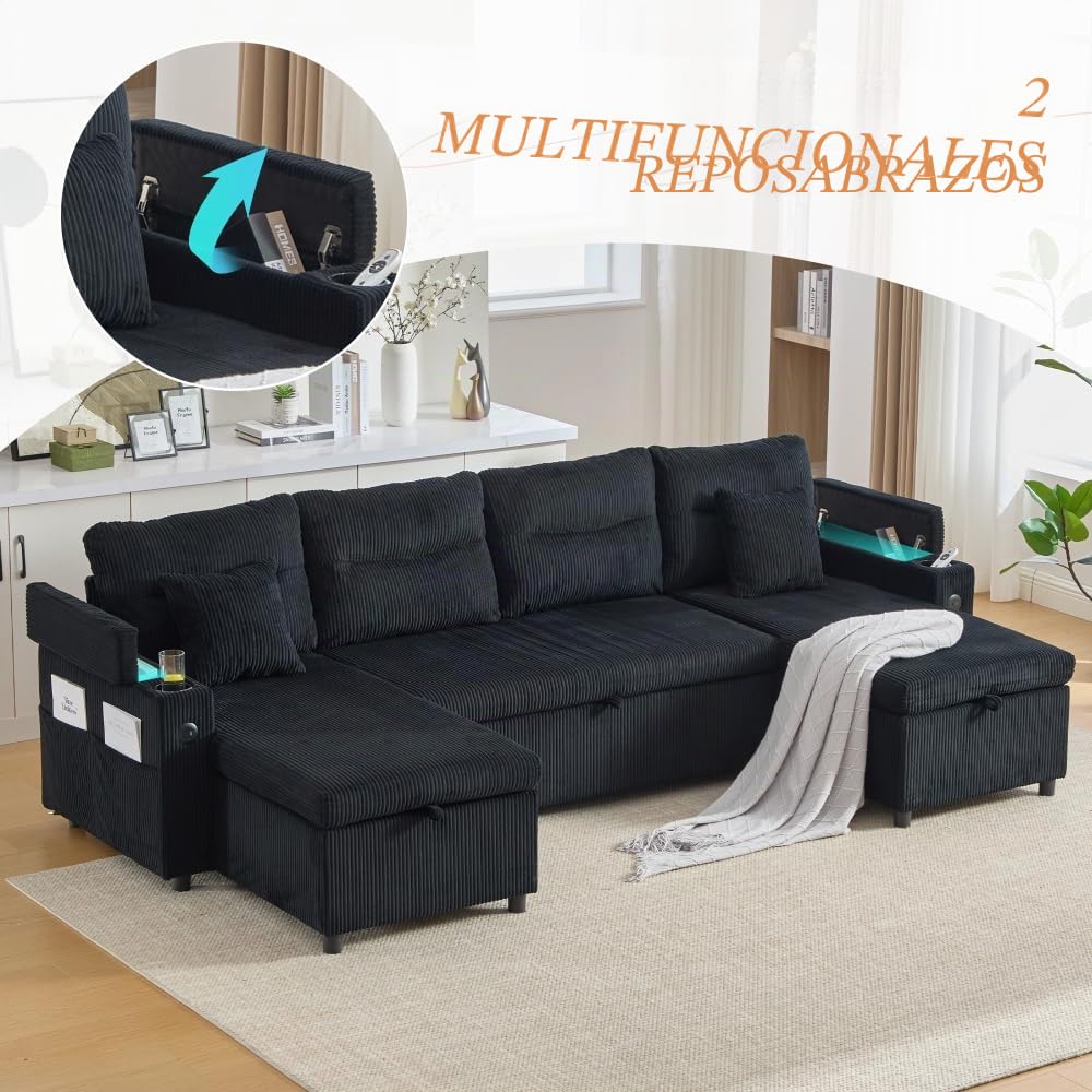 Lubvtti Sofá cama de 4 plazas con portavasos, puertos USB, almacenamiento integrado, sofá de 4 plazas moderno de pana, sofá esquinero en forma de U con chaise longue (negro + 4 plazas)