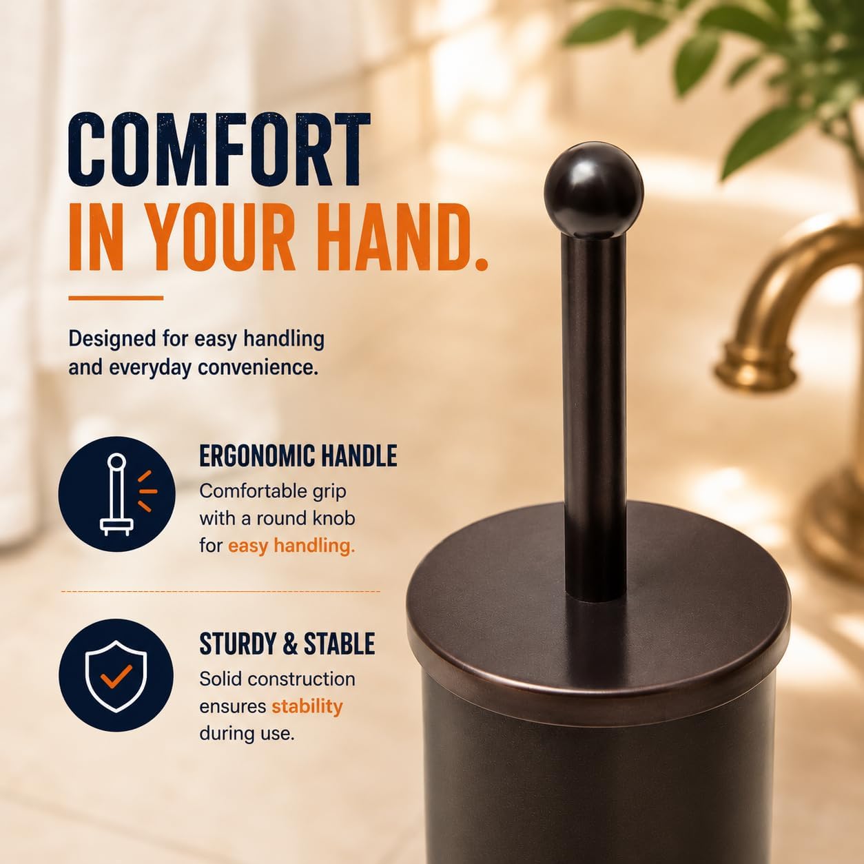 HUJI Rust Resistant Bronze Toilet Brush Holder with Lid Perfect Bathroom Bowl Cleaning Set Gift for House Warming or College Dorms Accessories (1, Bronze Toilet Brush)