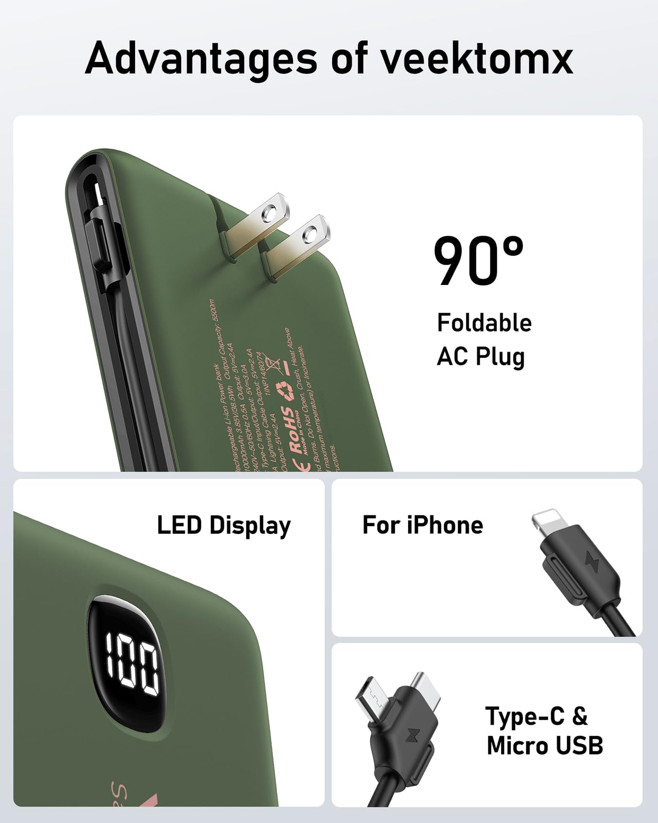 VEEKTOMX 10000mAh Portable Charger with Built-in Cables & Wall Plug view 8