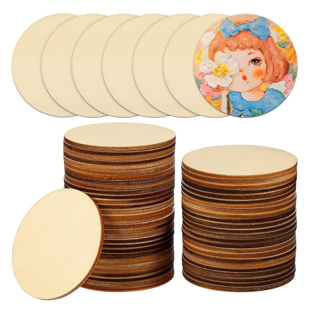 Wakauto Wooden Discs 6 cm Diameter Pack of 50 Round Unfinished Wooden Discs for Crafts 6 cm for Crafts Large Wooden Circles for Wood Crafts DIY Projects Tags