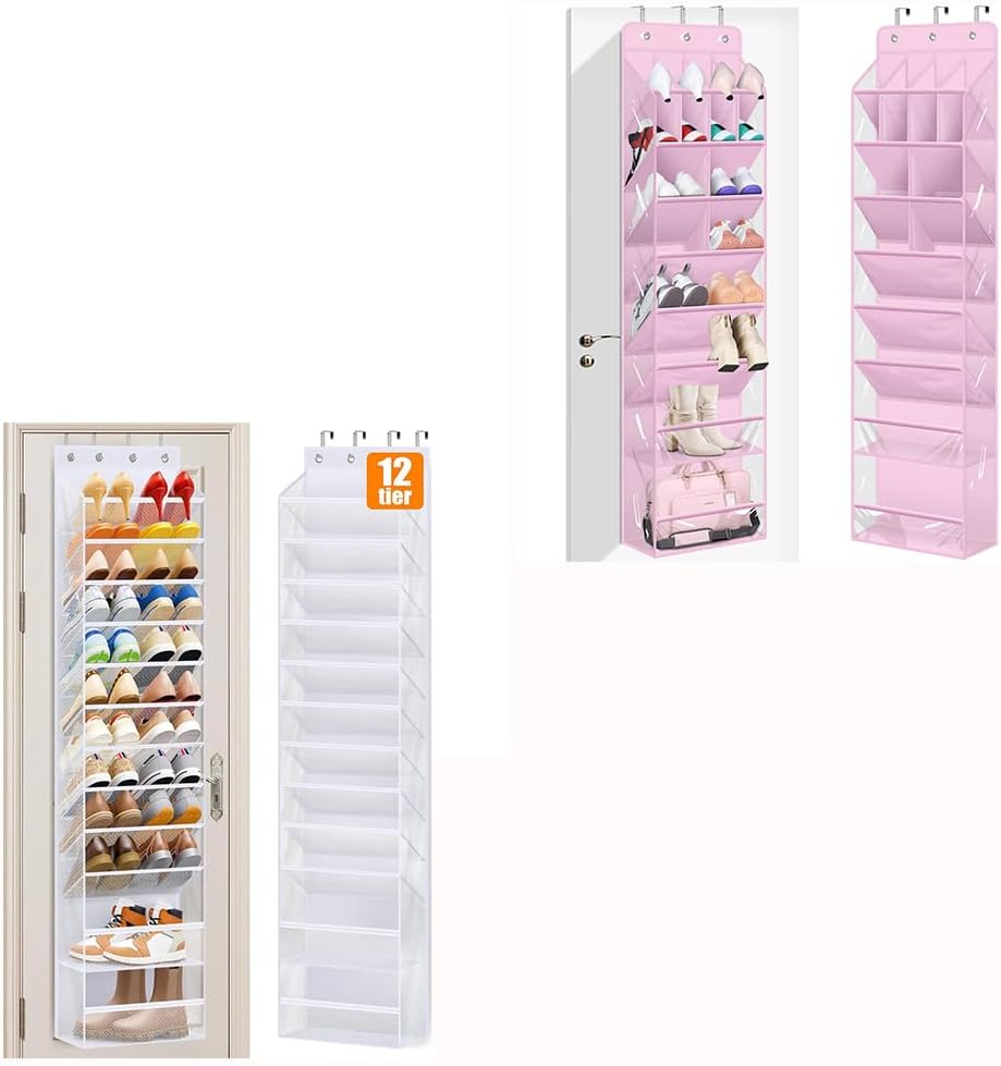 MISSLO 12 Tier Over the Door Shoe Organizer and Clear Over The Door Shoe Organizer