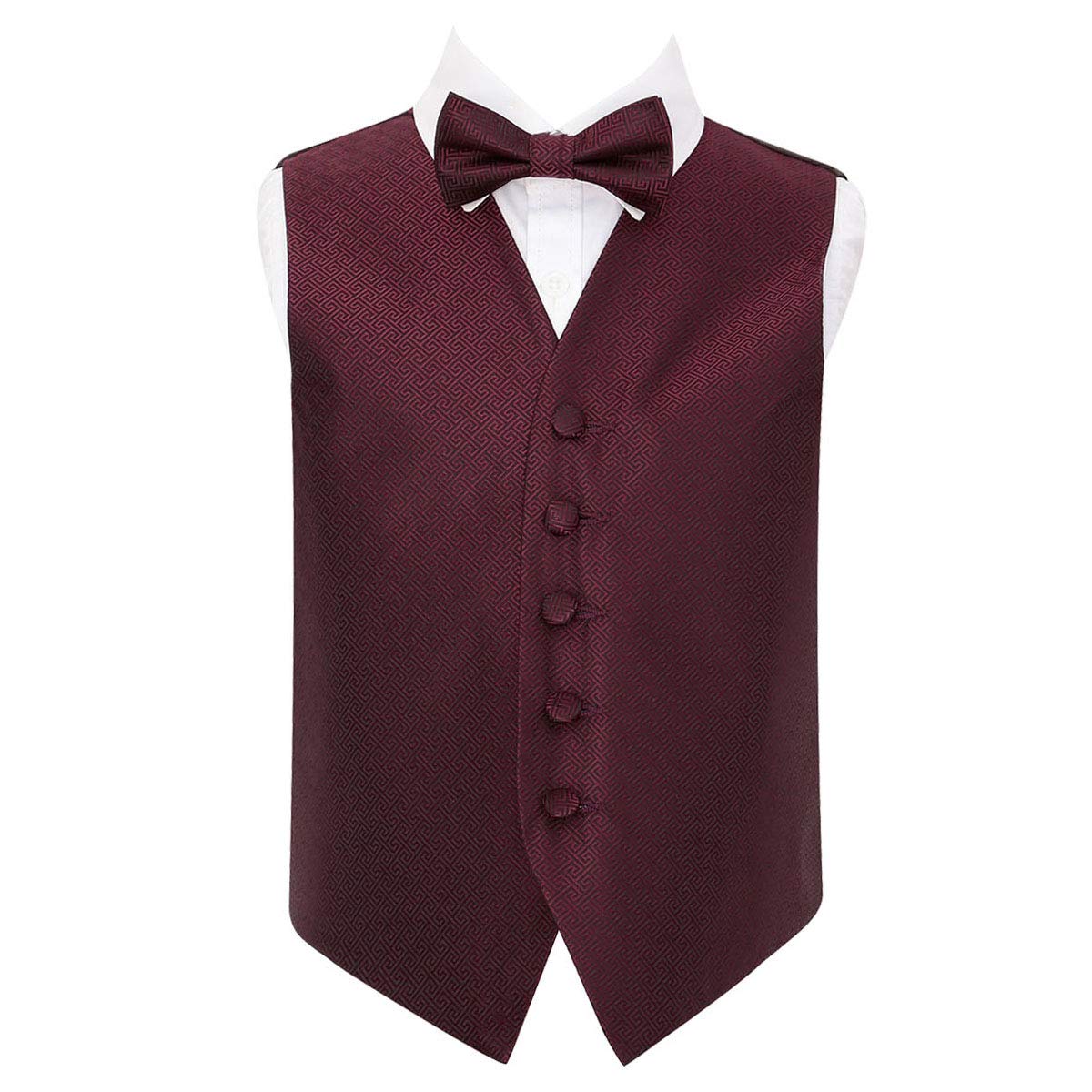 DQT Boys Greek Key Jacquard Waistcoat & Pre-Tied Bow Tie Set (2pc) - Wedding Pageboy Formal Vest - Burgundy 11-12 Years 32"