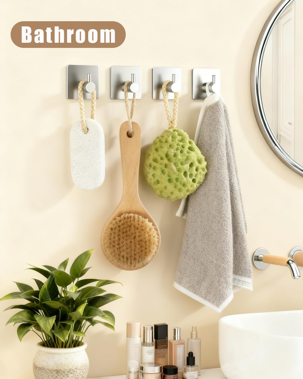 YLITREUS Ganci Adesivi da Parete 6 Pezzi Argento - Gancio per Asciugamani da Bagno e da Cucina in Acciaio Inossidabile, Gancio Autoadesivi Impermeabili Senza Foratura, Ganci Salvaspazio