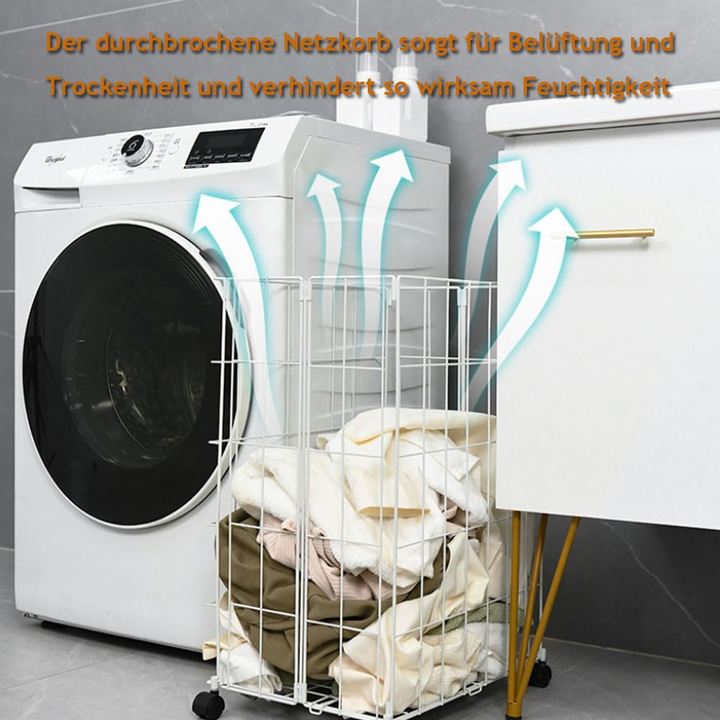 Wäschekorb Faltbar mit Rollen, Schmaler Rollbarer Wäschesammler für Enge zwischenräume, offener Gitter waschekorb Aufbewahrungskorb für Bad und waschküche,Edelstahl