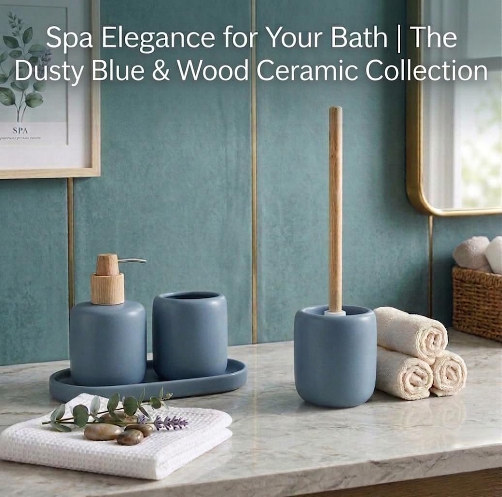 BM Set Accessori Bagno in Ceramica 4 Pezzi con Vassoio – Dispenser Sapone, Porta Spazzolini e Scopino WC, Design Moderno con Dettagli in Legno (BLU)