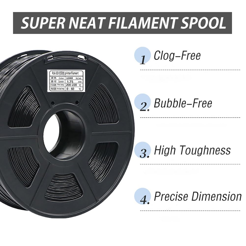 Filamento Para Impresora 3D|Filamento Impresión 3D PLA Cuidadosamente Enrollado 1,75mm,Precisión Dimensional+/-0,02mm|Suministros De Impresión 3D|Accesorios Para Impresoras 3D,Negro,PLA 1KG(2.2LB)