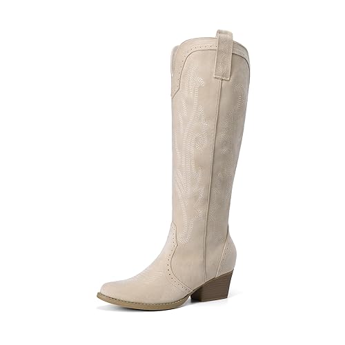 DREAM PAIRS Women's Embroidered Western Pull-On Knee-High Cowboy Boots