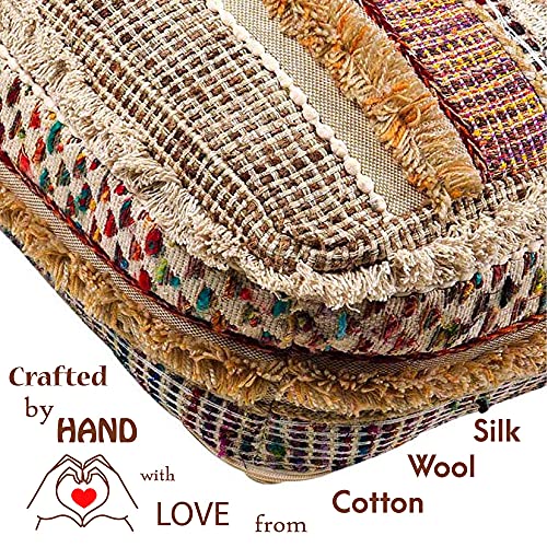 Mandala Life Art Bohemian Floor Cushion Cover - Pure Wool And Cotton Mix - 24X24X8 Inches -Filler Not Included - Artisan Hand Embroidery Patch Work - Boho Chic Luxury Moroccan Pouf Cover #TOP3