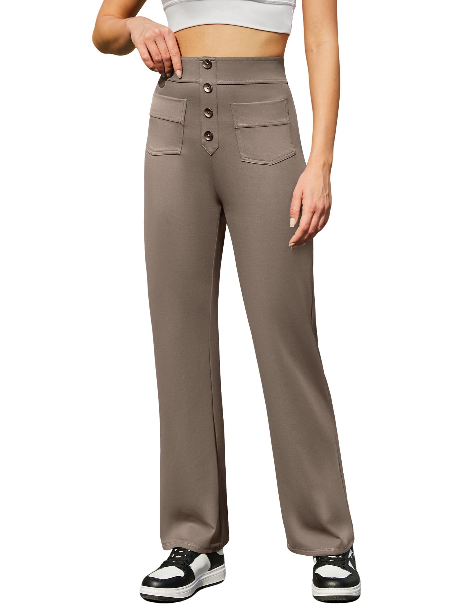 Friptspyg Hosen Damen Hohe Taille Freizeithose Stretch Hose mit Knopf Gerade Yogahose mit Taschen Elastische Hose Damen Weites Bein für Bewegung und Freizeit