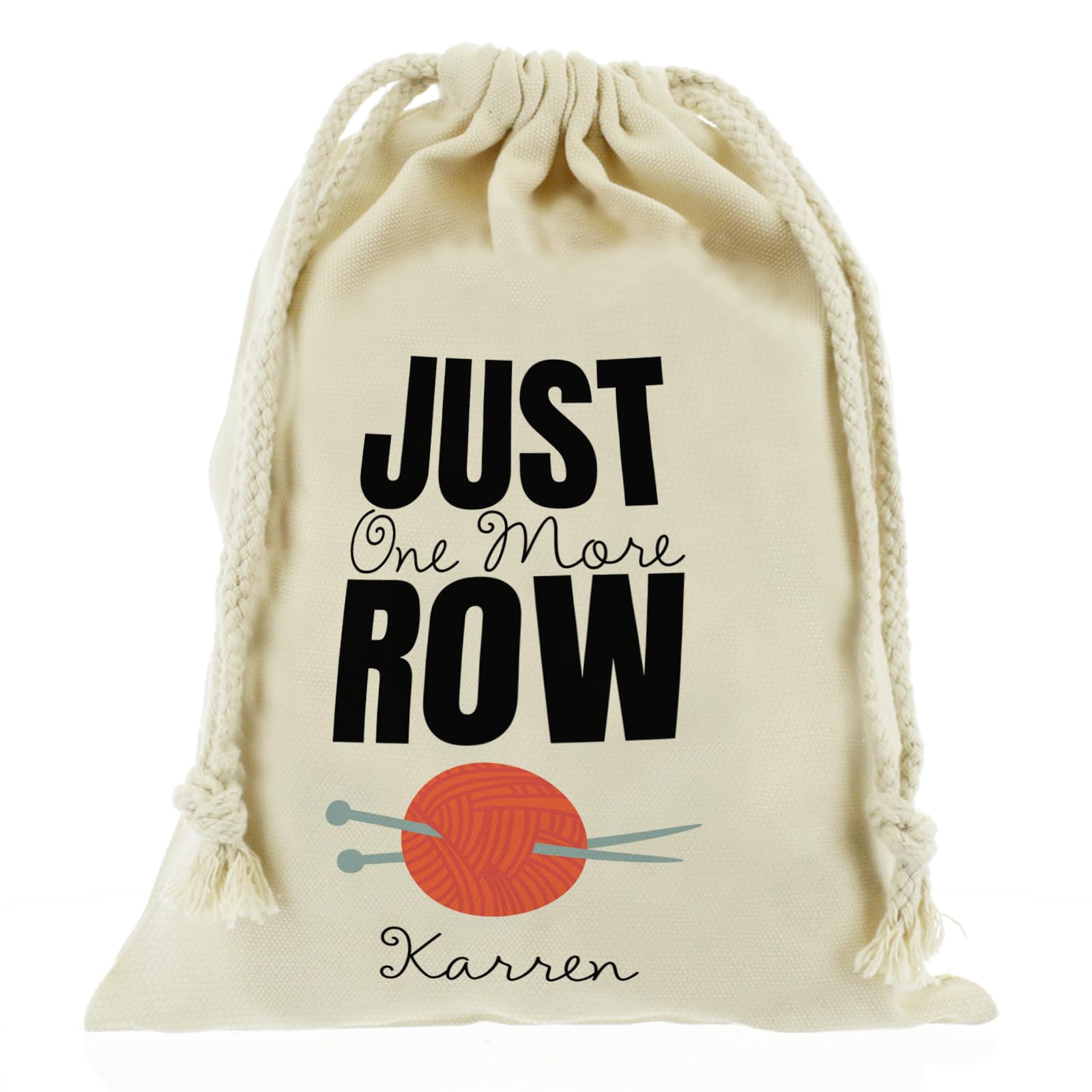 Personalised Knitting Bag, Reusable, Gift Bag, Just One More Row Design Drawstring Sack, Knitting Storage Bag Customised with With Name/Initials/Text, Sizes: XXS, XS, S, M, L, XL — image 1