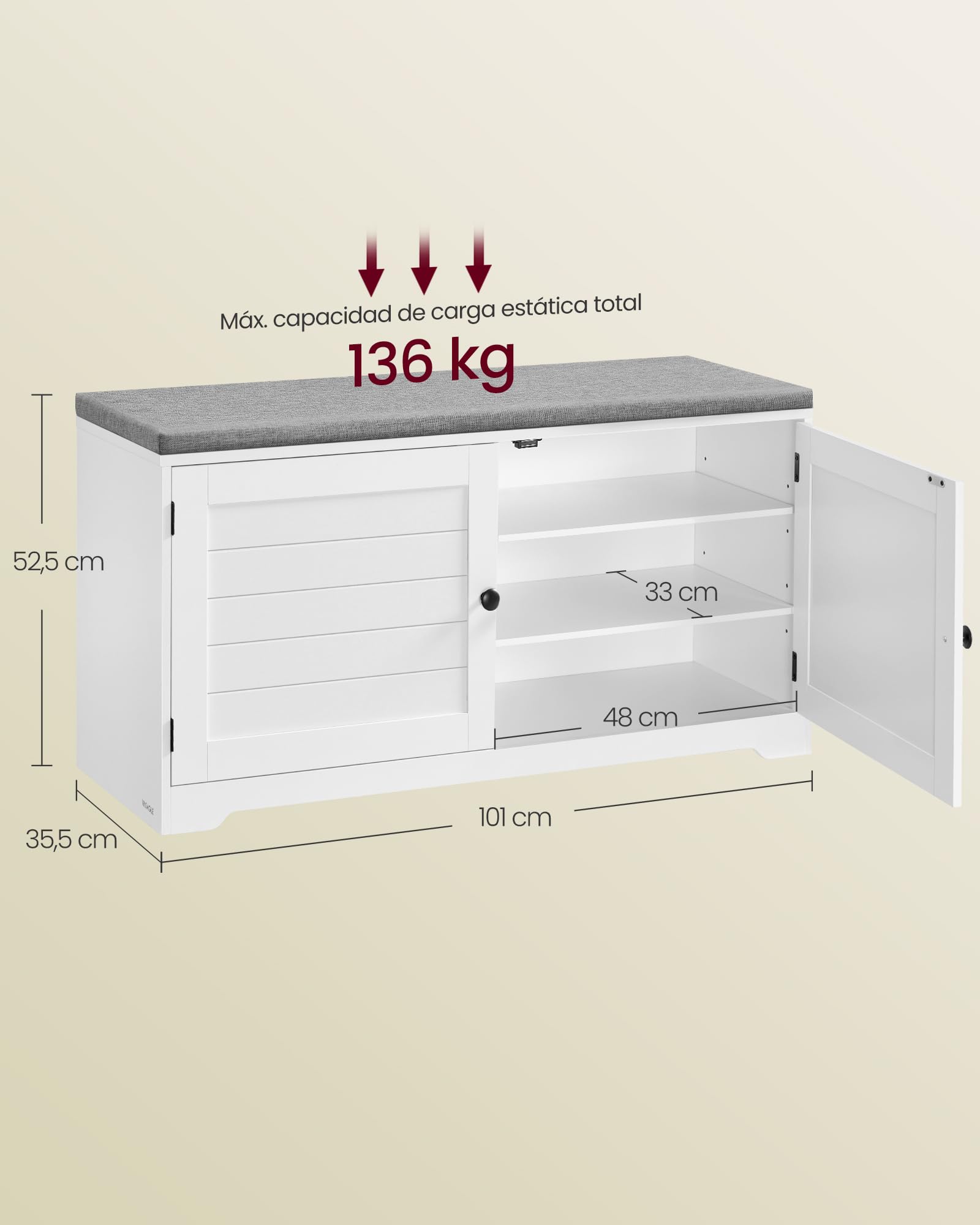 VASAGLE Banco Zapatero de 3 Niveles, con Puertas y Cojín, Estantes Ajustables, 35,5 x 101 x 52,5 cm, para Entrada, Dormitorio, Blanco Nube y Gris Paloma LSB044W01