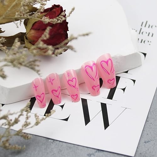 Miniatura 6 de Uñas francesas a presión para el día de San Valentín, longitud media, cuadradas, arte de uñas falsas, corazón rosa, diseño romántico, uñas