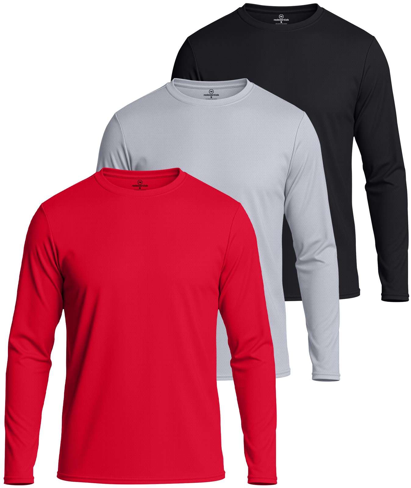 Real Essentials 3 & 5 Pack: Men's Mesh Quick Dry Athletic Long Sleeve T-Shirt UPF SPF UV Sun (Available in Big & Tall)