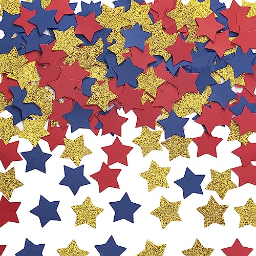 Image of MOWO Gold Blue and Red Star Confetti Table Decoration, 1.2'', 200pc | 4th July Graduation Retirement Theme Party, birthday, wedding