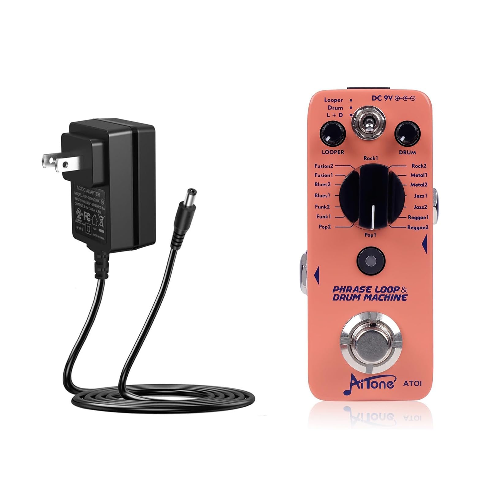 AITONE Phrase Loop & Drum Machine (AT-01) and DC 9V Power Supply (500mA) Adapter