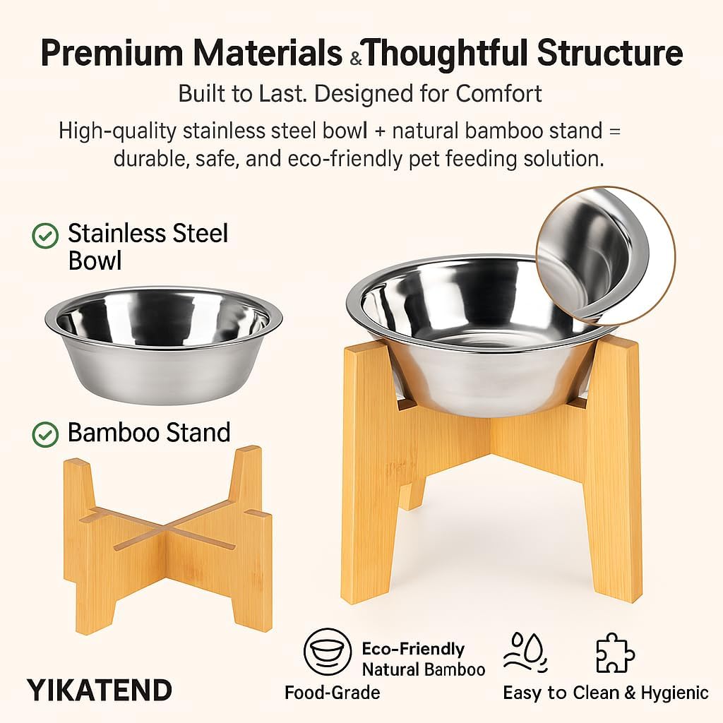 Cat Bowl - Stainless Steel Dog Cats Food & Water Bowls with Bamboo Stand, Raised Pet Feeder for Small Dog Small Puppy and Cats to Reduce Neck Strain & Improve Digestion