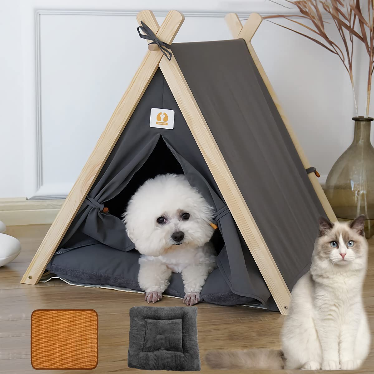 خيمة قماشية مخروطية للحيوانات الاليفة للقطط الكلاب الجراء والهريرة، خيمة سرير مع وسادة قابلين للطي وللغسيل من اجل ارنب صغير، متوسط اوكبير والهر في الاماكن المغلقة وفي الخارج السفر والتخييم والتمرين