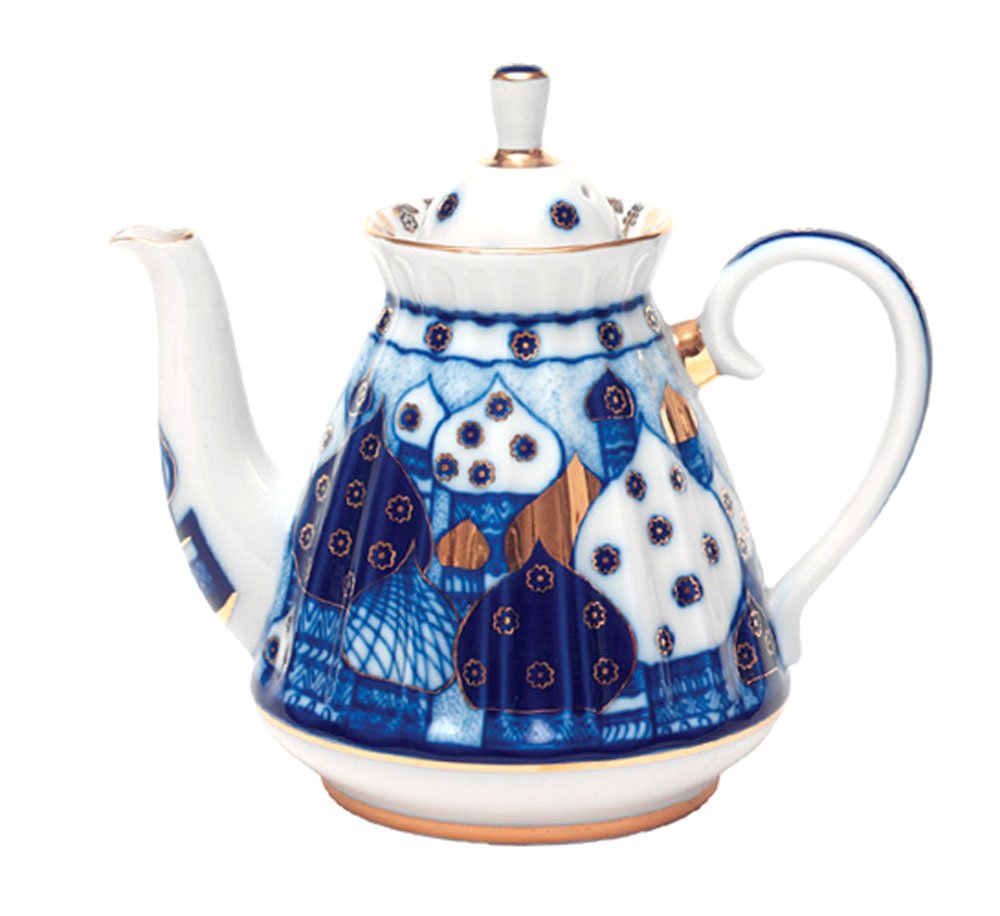 Lomonosov Porcelain Tea Set 6/14 Church Domes Orthodox Bells: Tea Pot, Sugar Bowl and 6 Cups with Saucers