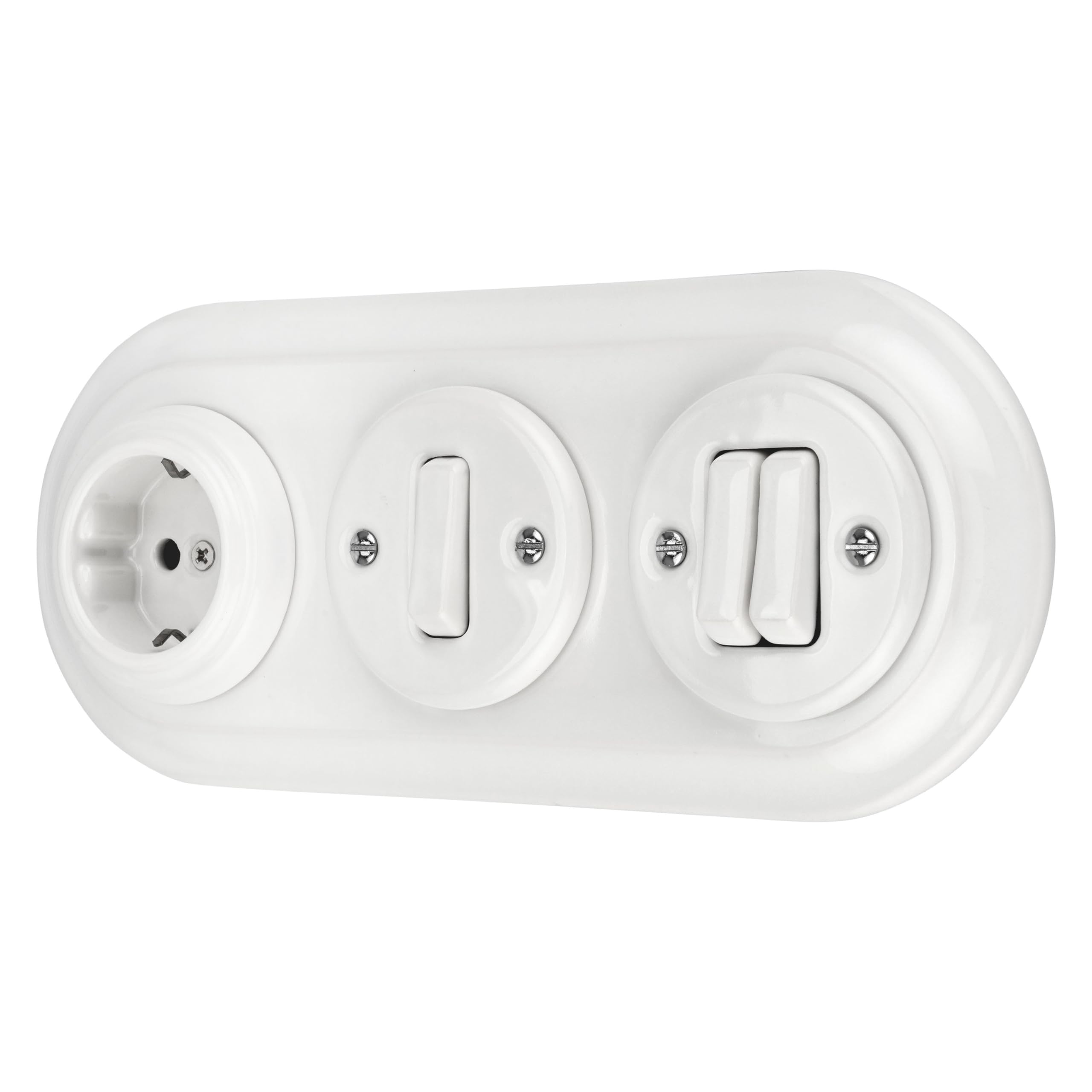 Unterputz Porzellan Retro Steckdose, Schalter, 3-fach, All-in-One, SET Serie PR1 weiß