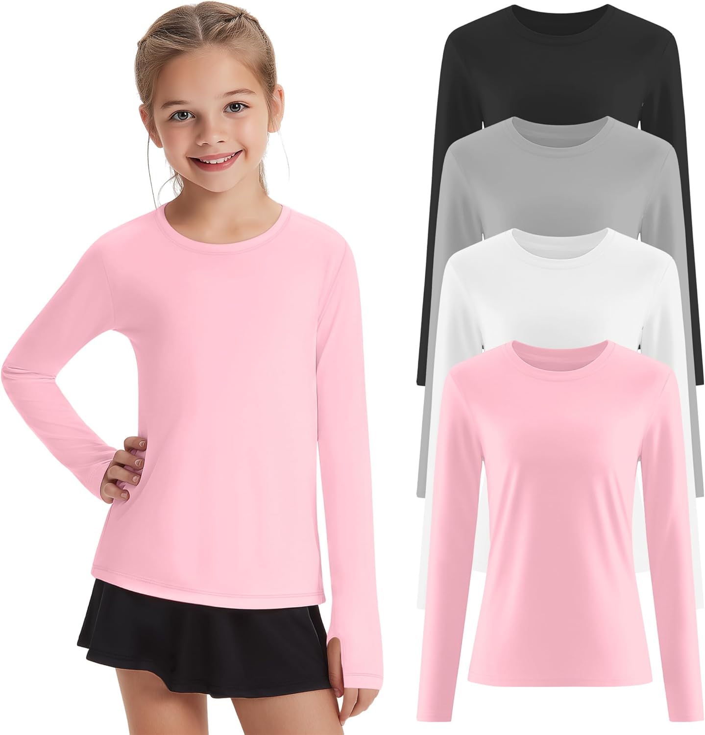 4 Pack Girl's Long Sleeve Athletic Shirts with Thumb Holes, 5-14 Years Kids Quick Dry Crew Neck Teens Gym Yoga Tops