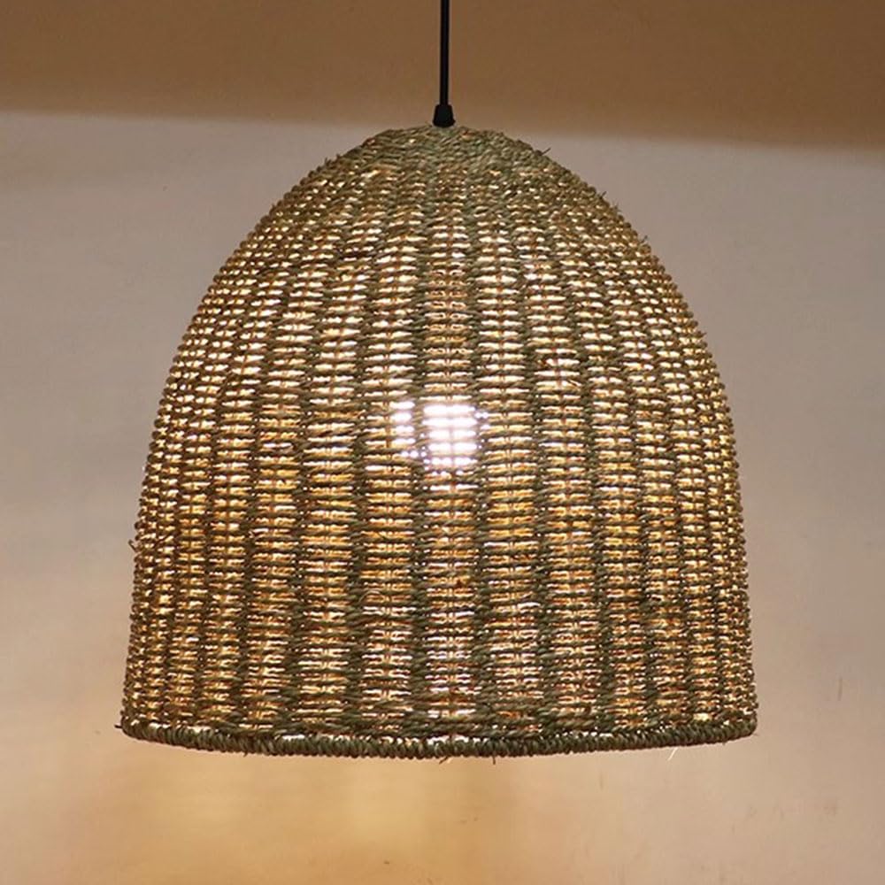 LYMSXAZOU 15.7in Farmhouse Hand-Woven Rattan Chandelier Bamboo Woven Lantern Lampshade Ceiling Pendant Light Fixtures Coastal Lighting for Kitchen Island, Boho E26 Base Socket,