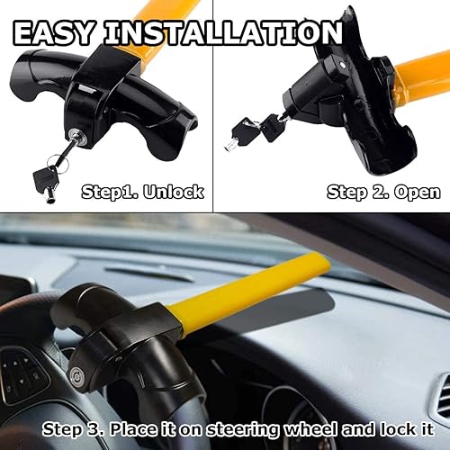 Miniatura 10 de VaygWay Cerradura universal para volante de automóvil, llave de cilindro antirrobo para volante, fuerte y resistente, bloqueo giratorio antirrobo