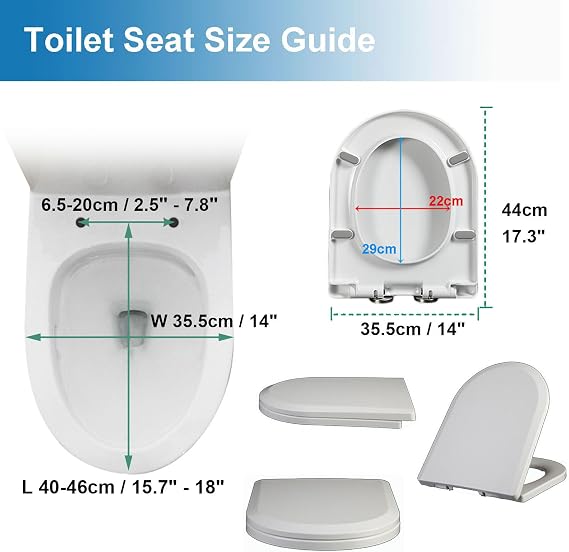 44x35.5cm,U Shape Soft Close Toilet Seat, D Shape Toilet Seats with Quick Release for Easy Cleaning, Top Fixing, D Shaped Loo Seat with Adjustable Hinges