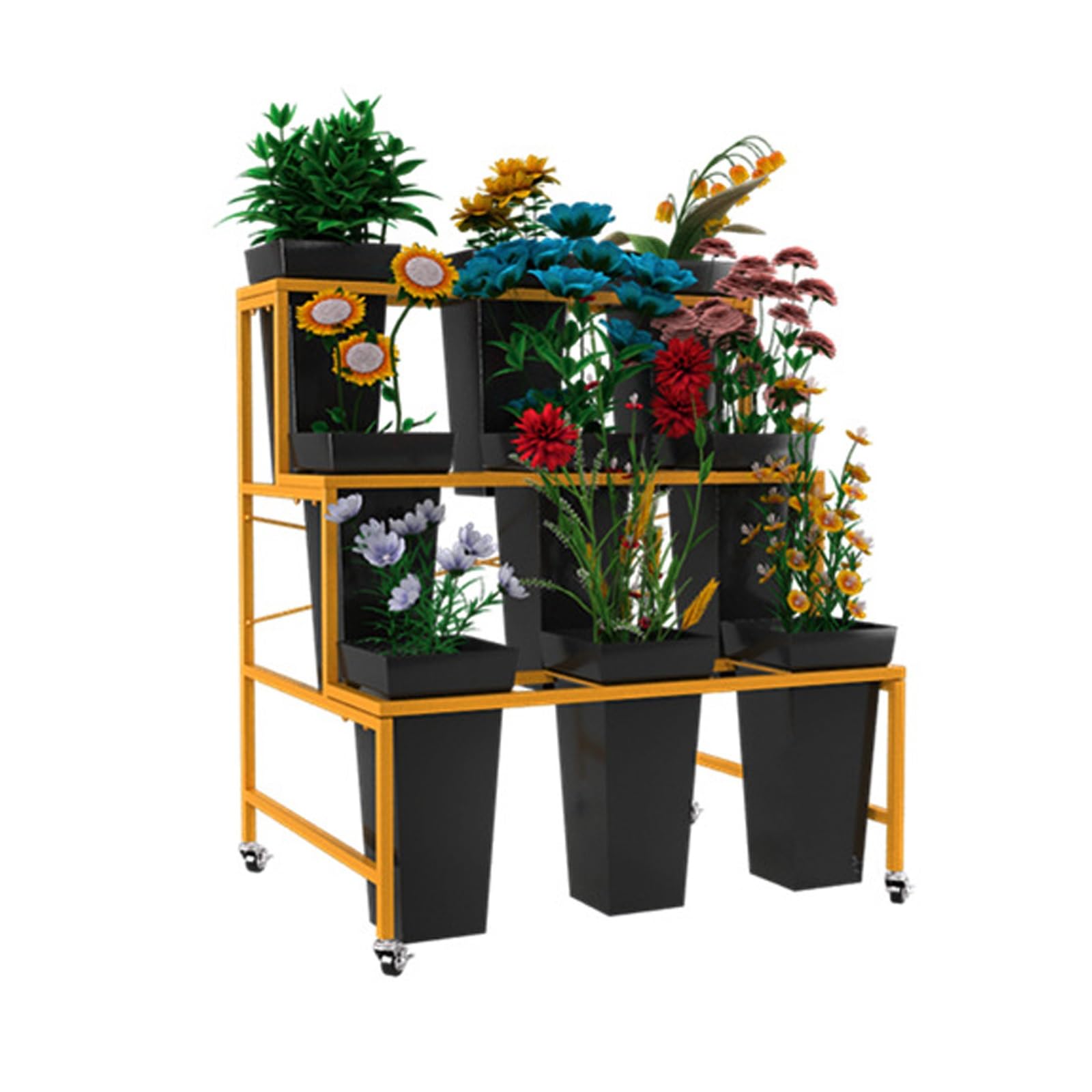 Présentoir à fleurs en métal à 3 niveaux avec 9 seaux pour terrasse et salon