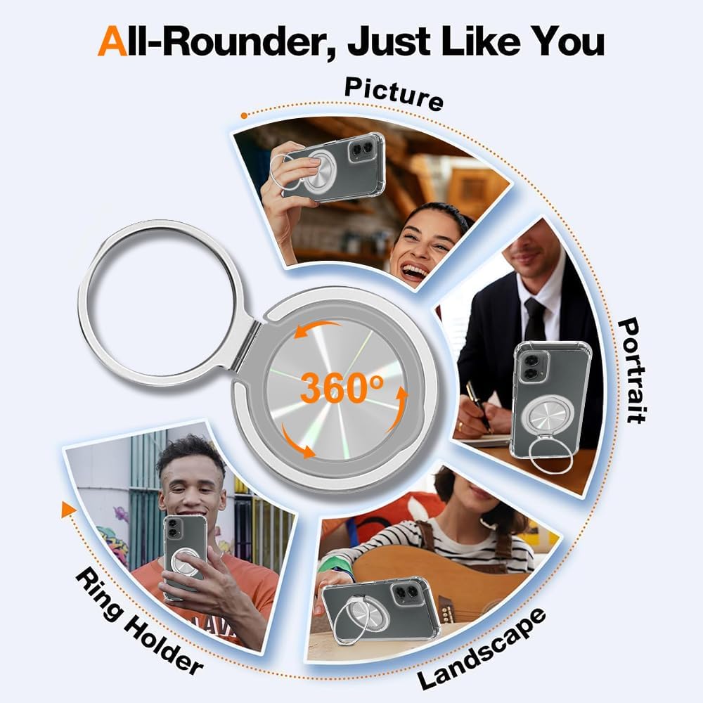 Compatible for Motorola Moto G 5G 2024 Phone Case with Glass Screen Protector 360° Rotatable Ring Holder Kickstand [Non Yellowing] Transparent 4 Corners Shockproof Protective Phone Cover Case - Clear - Image 2