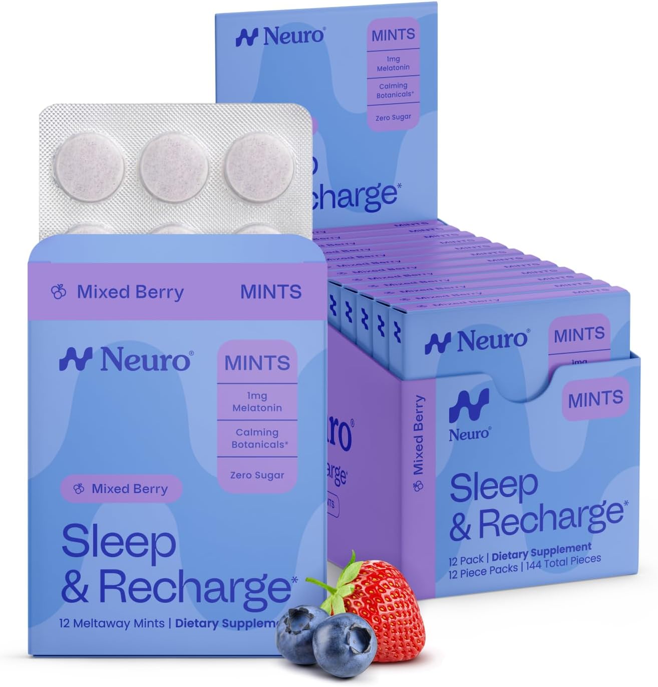 Neuro Sleep & Recharge Meltaway Mints - Sleep Aid for Adults with Melatonin 1mg, Chamomile & Elderberry - Travel Essentials for Nighttime Relaxation & Healthy Rest Cycle - Mixed Berry (144 ct)