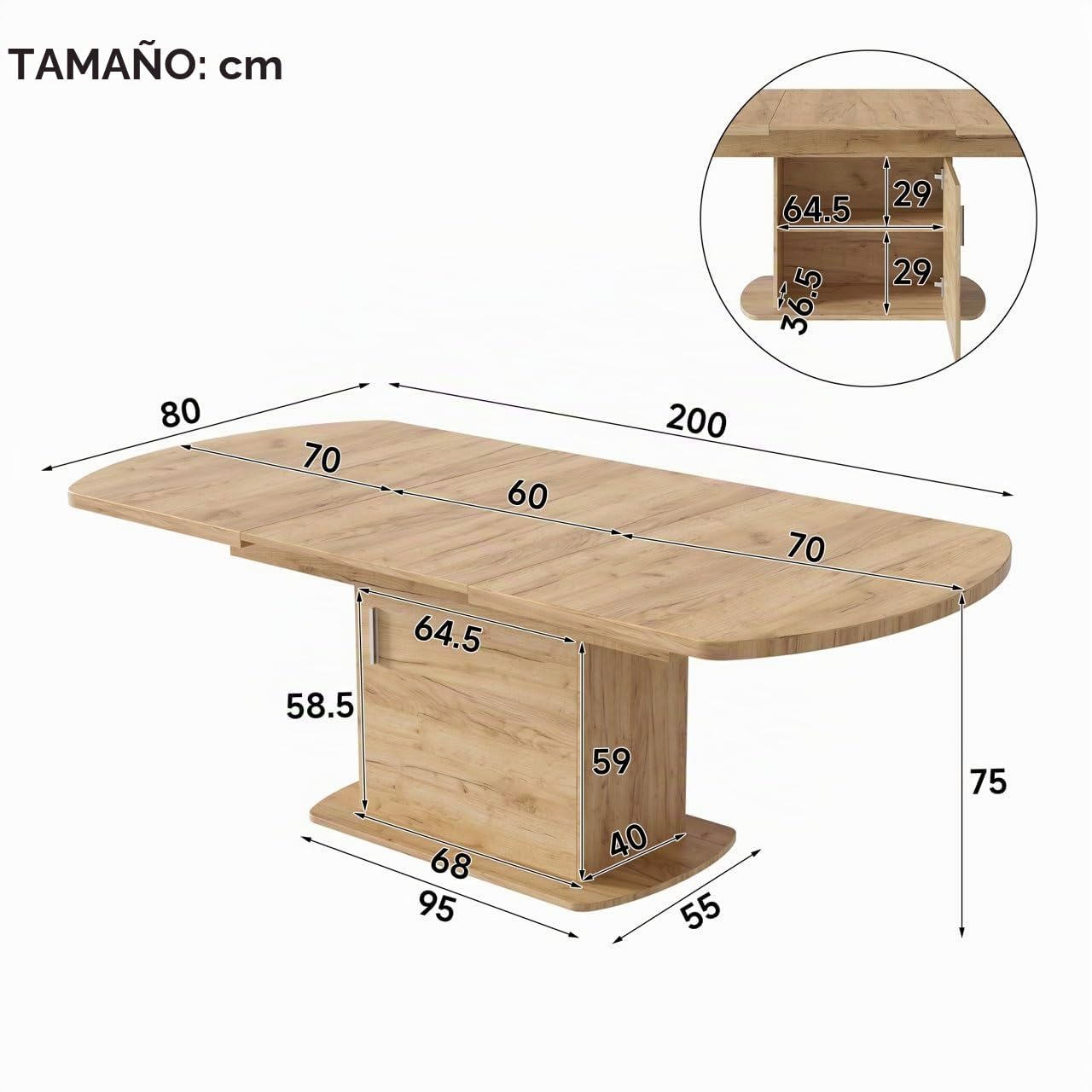 Moimhear Mesa de comedor ovalada extensible, 140/200 x 80 x 75 cm, con espacio de almacenamiento, mesa de café, mesa de comedor que ahorra espacio, con mango plateado (color roble)