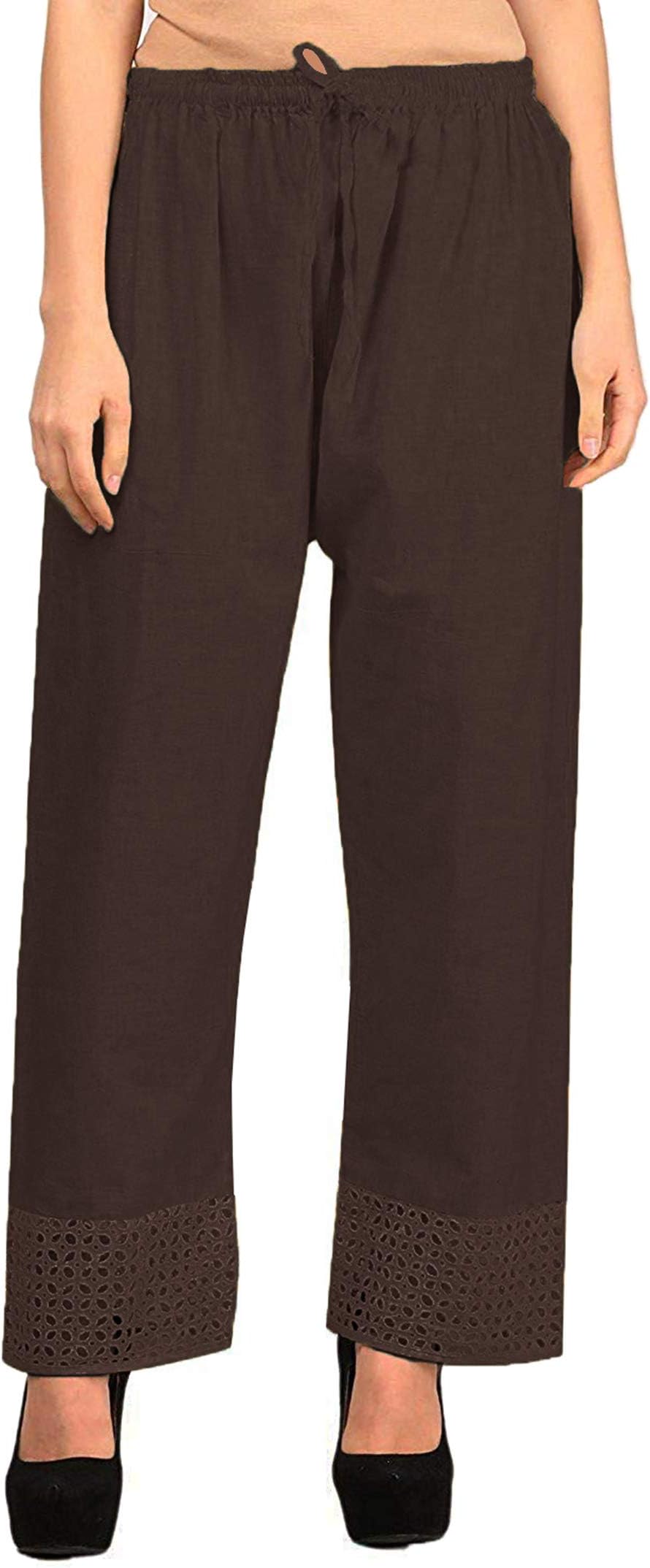 Vastraa Fusion Straight Regular Fit Stylish Solid Cotton Embroidered Lace Palazzo or Bottoms for Women's and Girls (VASTRAATS0161D) Coffee Brown