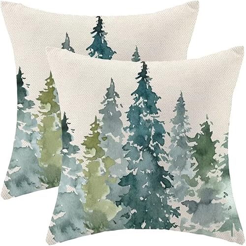 Juego de 2 fundas de almohada de color verde oscuro navideñas de 22 x 22 pulgadas, fundas de almohada con temática de naturaleza acuarela con árbol
