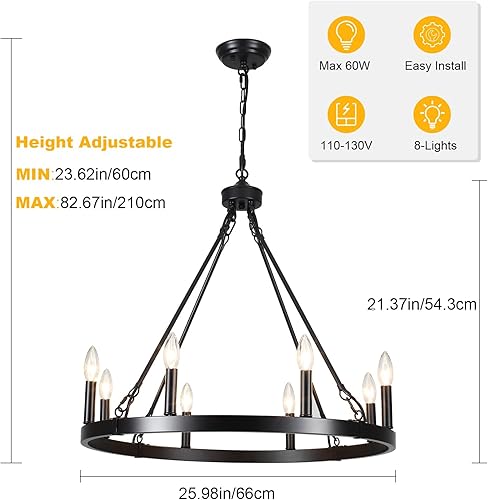 Miniatura 5 de ZJVAIVE Candelabro negro con rueda de vagón de 26 pulgadas, 8 candelabros negros claros para comedor, lámparas colgantes redondas rústicas para sala