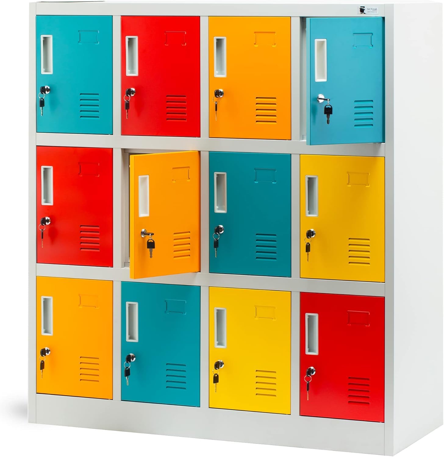 Jan Nowak Metallschrank für Schule Schließfachschrank Werfachschrank Fächerschrank Schulschrank Umkleideschrank mit 12 Fächern Metall Pulverbeschichtung 120 x 109 x 45 cm (Mehrfarbig)