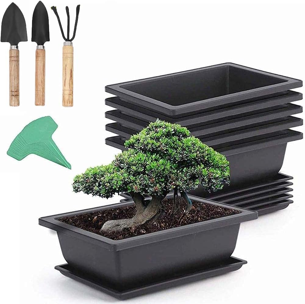 ADLOASHLOU 6 Pieces Rectangle Plant Pot with 7 Pieces Plant Labels, Plastic Bonsai Training Pots, Flower Succulent Pots with Trays Durable Planter Plants Growing Pots Container for Garden SMALL