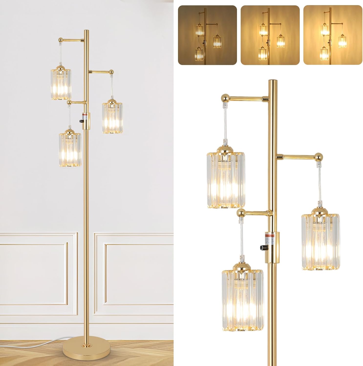 Dimmable Gold Floor Lamps for Living Room, 3 Lights Modern Crystal Floor Lamp, Industrial Tree Standing Lamps with K9 Crystal Shade, On/Off Switch, Brass Corner Tall Floor Lamp for Bedroom